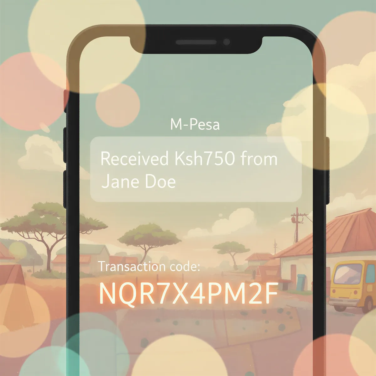 Close-up of an M-Pesa payment message on a phone with the transaction code highlighted