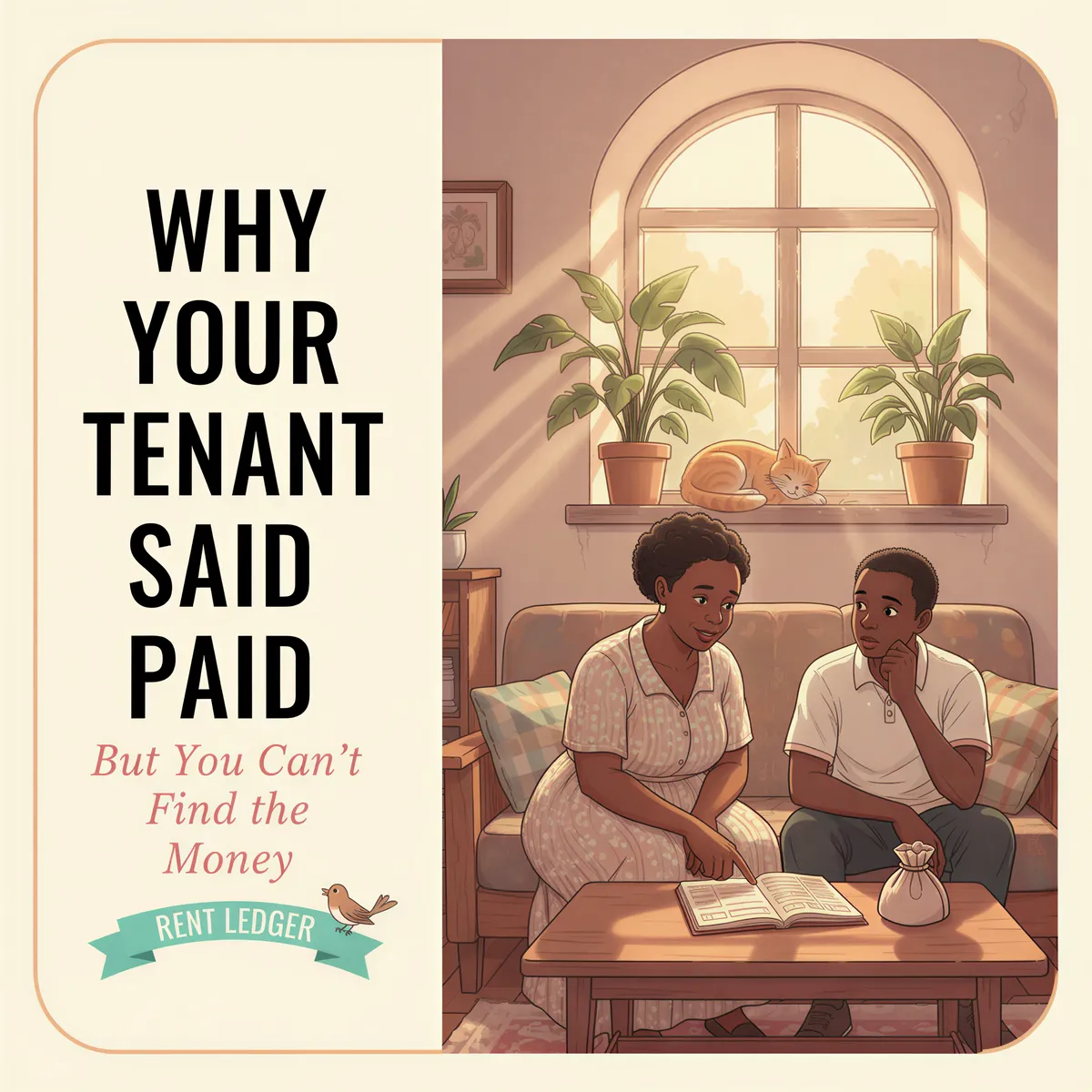 Studio Ghibli-inspired banner showing a landlord and tenant with a rent ledger in a warm, pastel-toned living space; title overlay reads: 'Why Your Tenant Said I Paid But You Can't Find the Money'