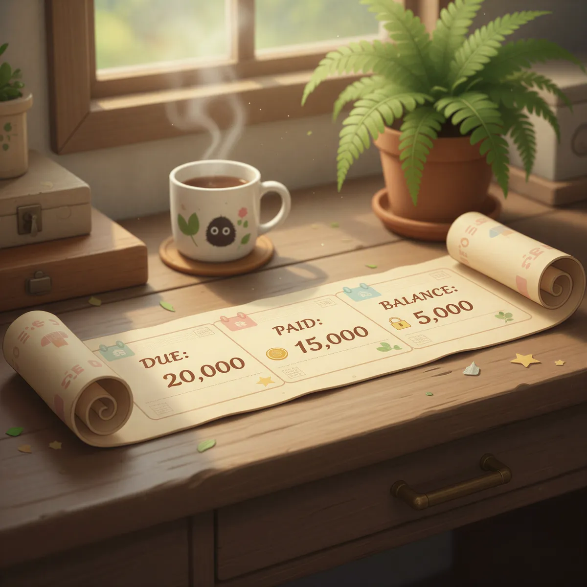 Payment timeline showing KES 20,000 due, KES 15,000 received, KES 5,000 balance remaining