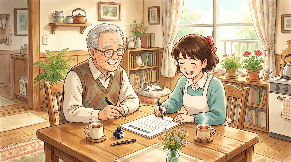 Landlord and tenant signing a rental lease agreement in a cozy living room