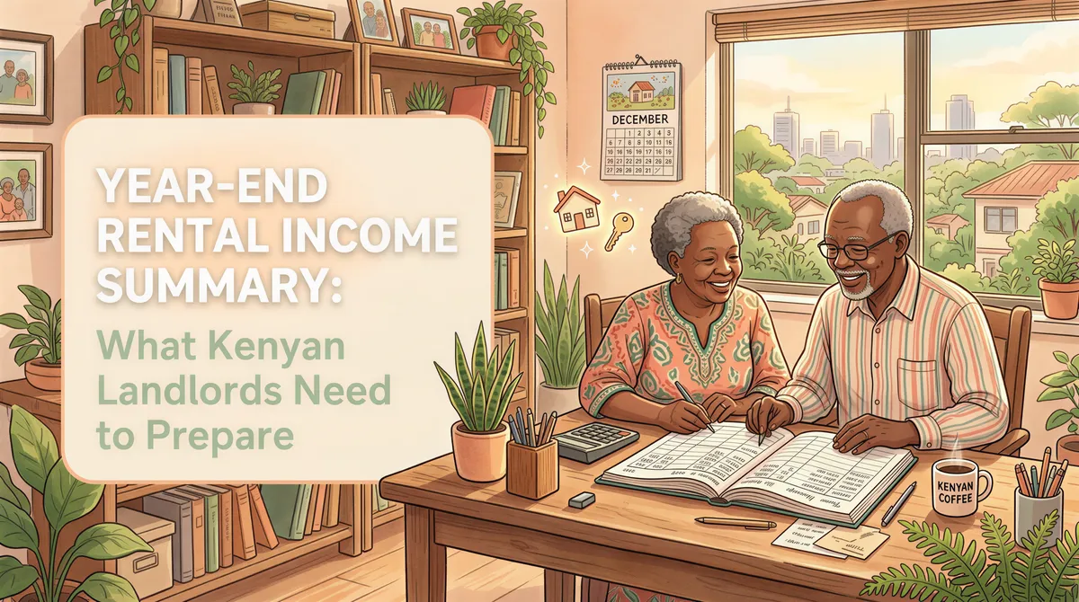Year-End Rental Income Summary banner for Kenyan landlords with warm Studio Ghibli vibe
