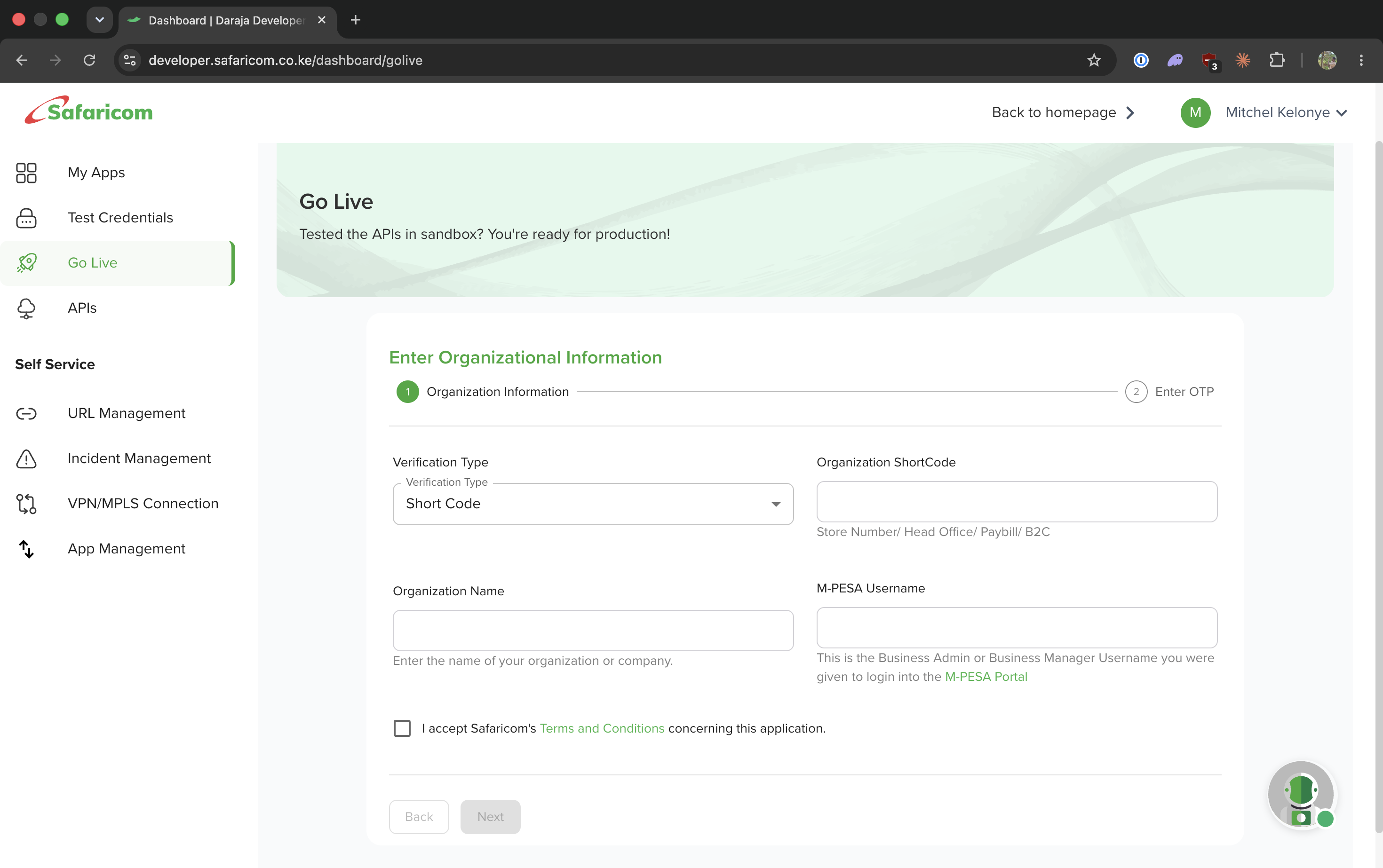 The Go Live form on Daraja