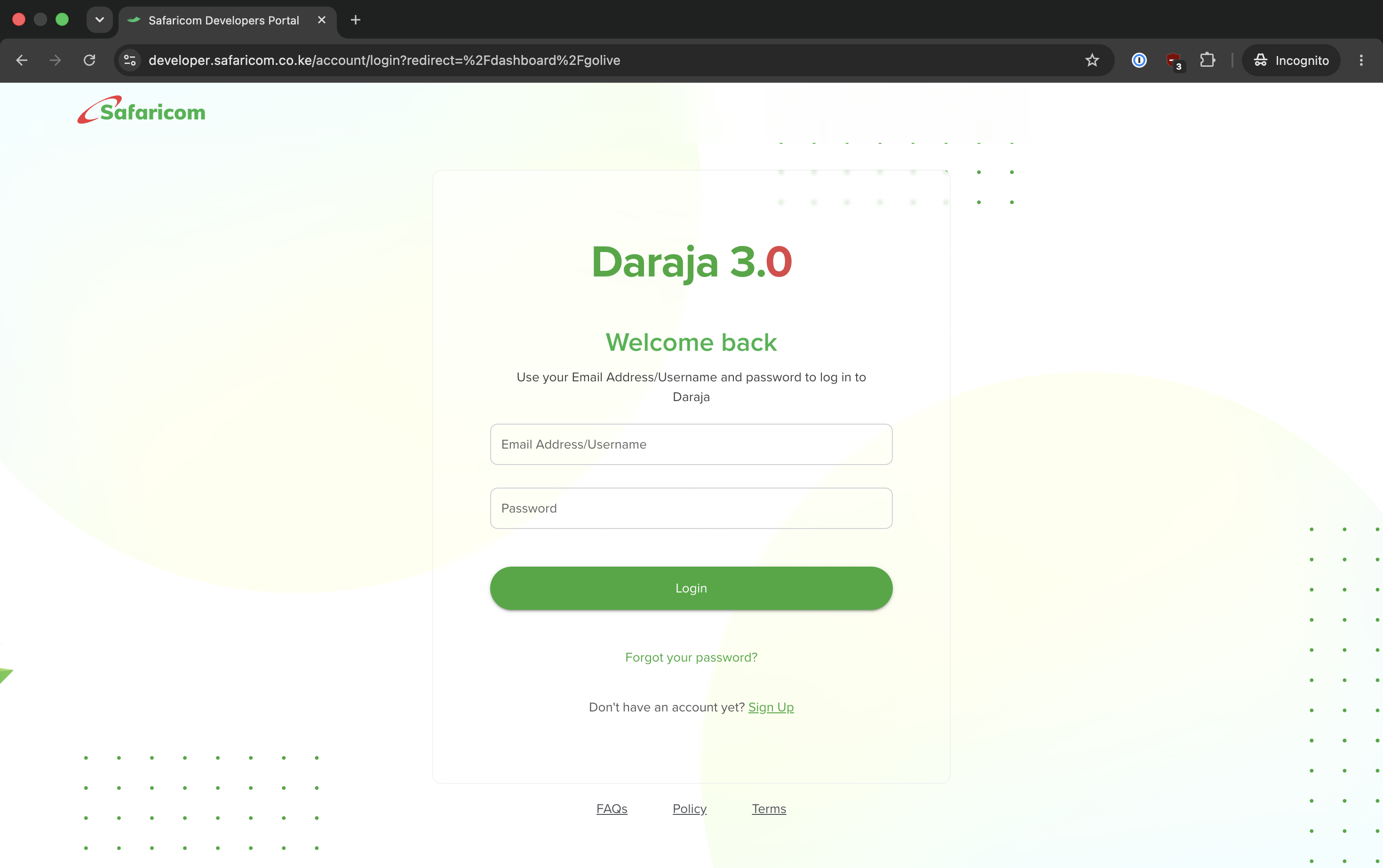 Safaricom Daraja signup page