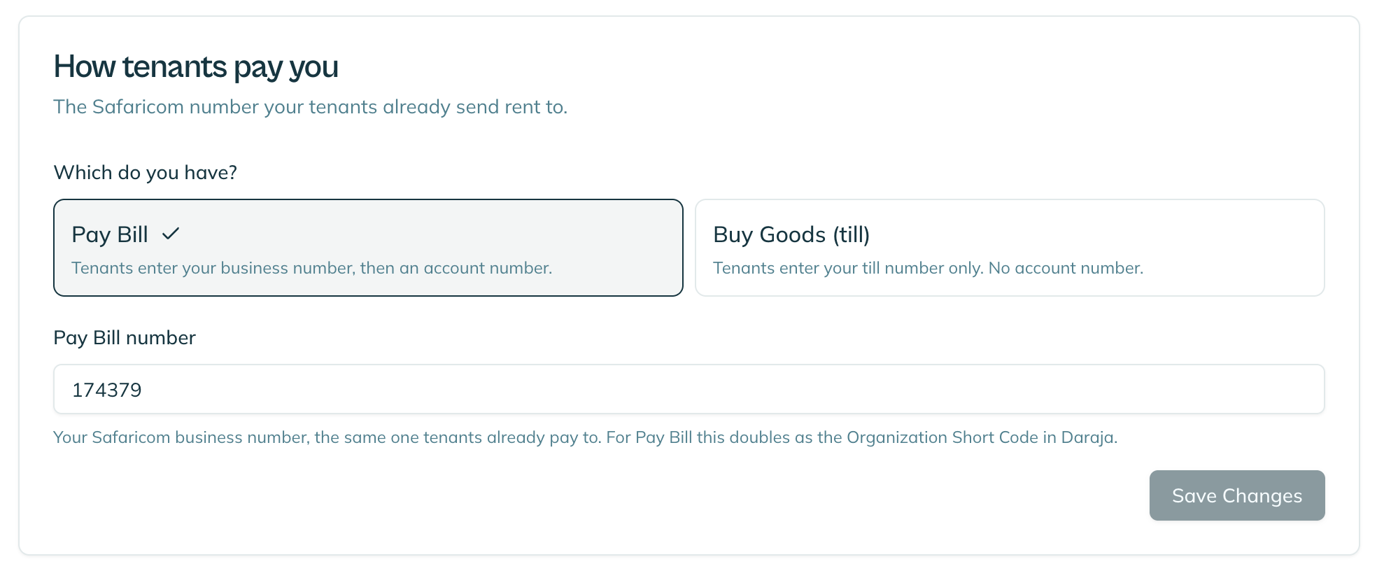 Choosing Pay Bill or Buy Goods in the M-Pesa settings tab
