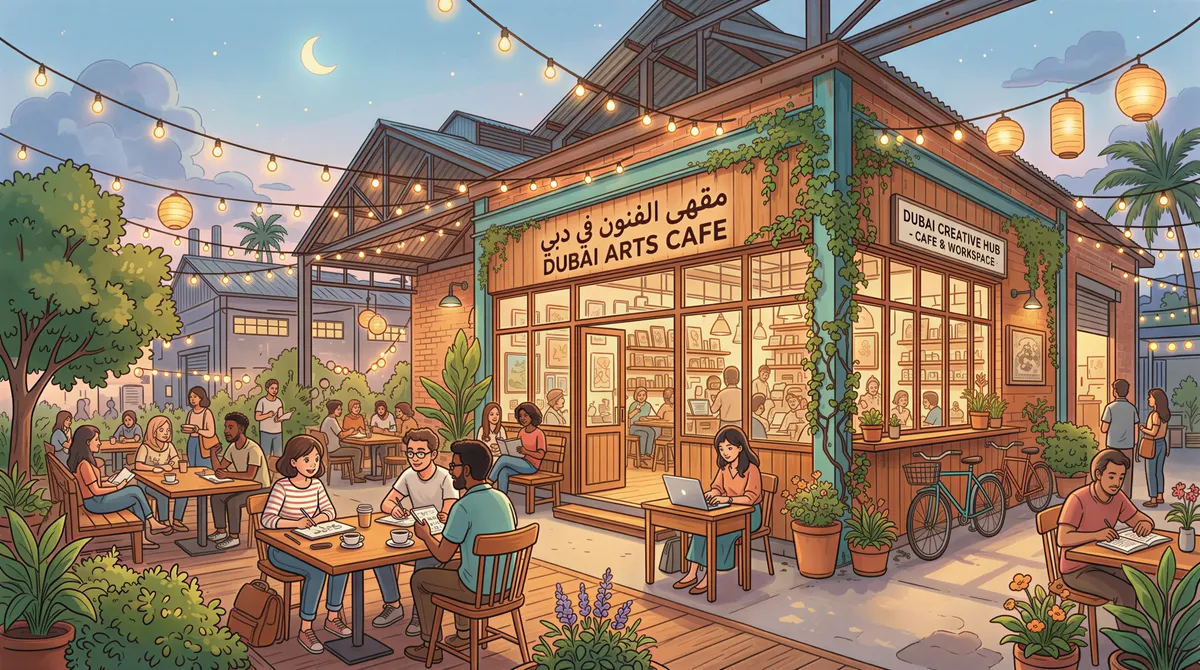 Artistic warehouse cafe district in Dubai with industrial design and greenery