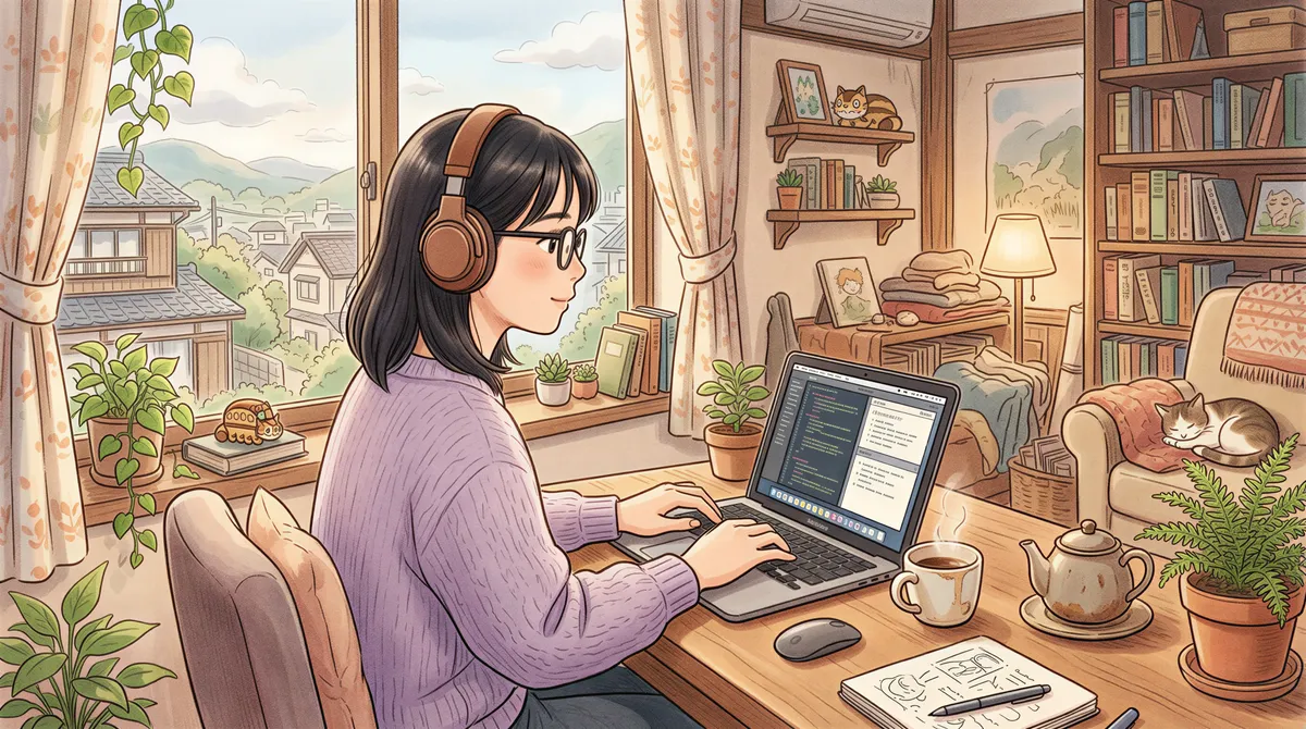 A considerate remote worker using headphones on a call in a bright cafe
