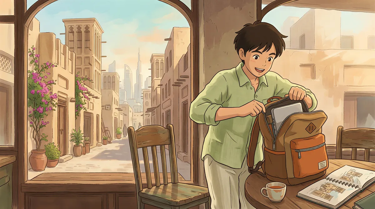 A remote worker packing up a laptop and smiling, ready to explore a new neighborhood
