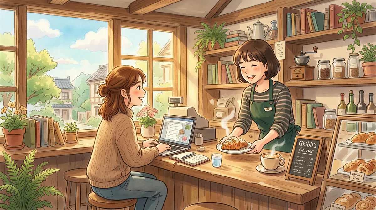 Friendly cafe baristas smiling and serving coffee to a remote worker