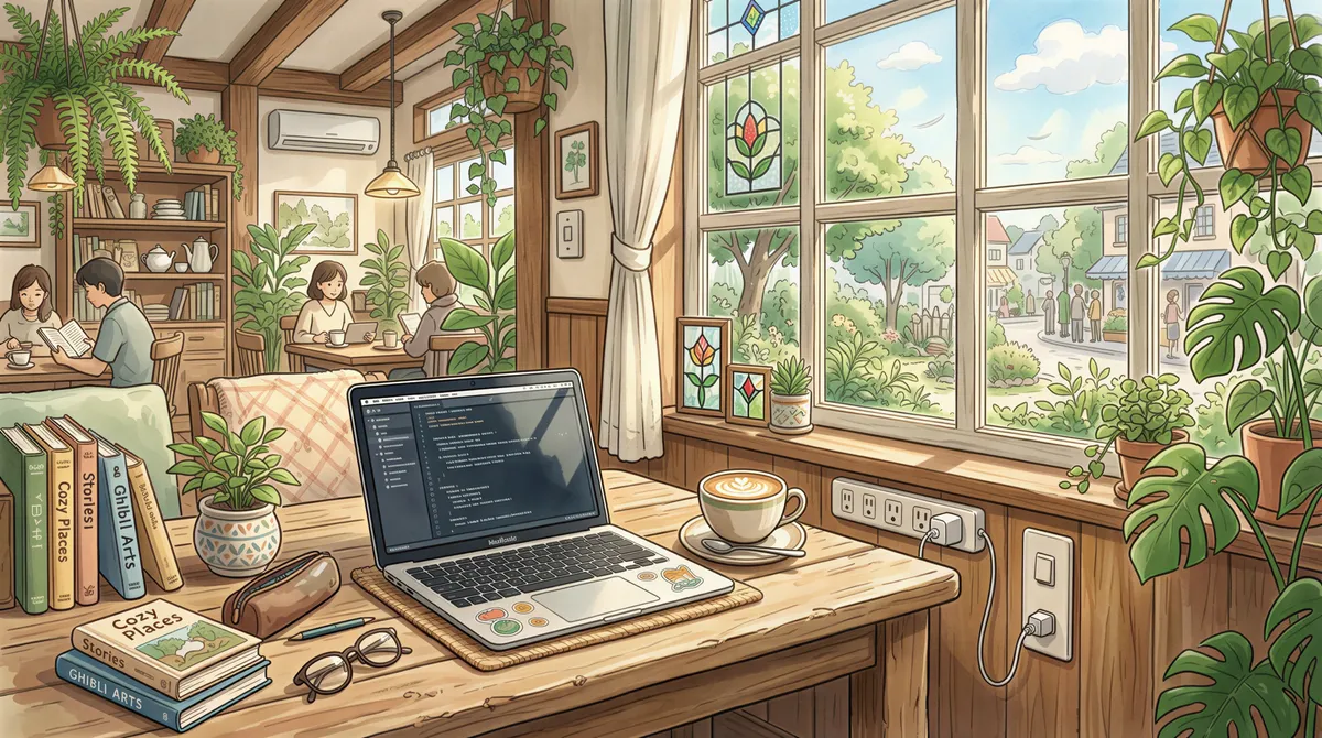 A cozy cafe corner with power outlets and a laptop open on a wooden table