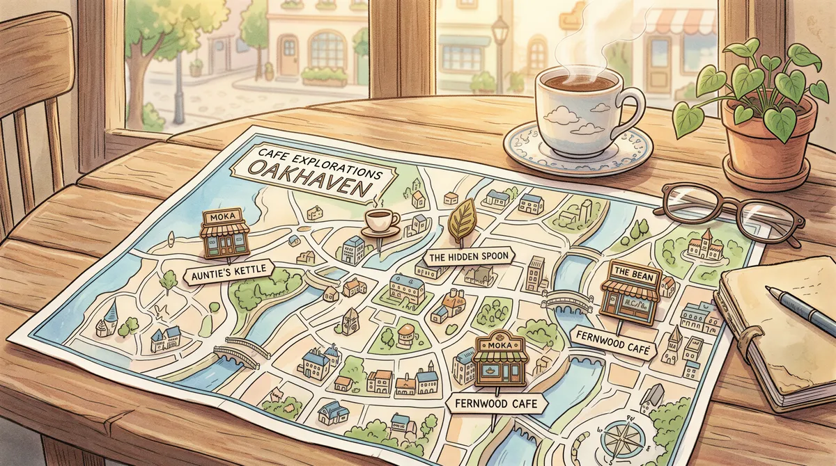A map with various pinned neighborhood cafe locations for remote work rotation.