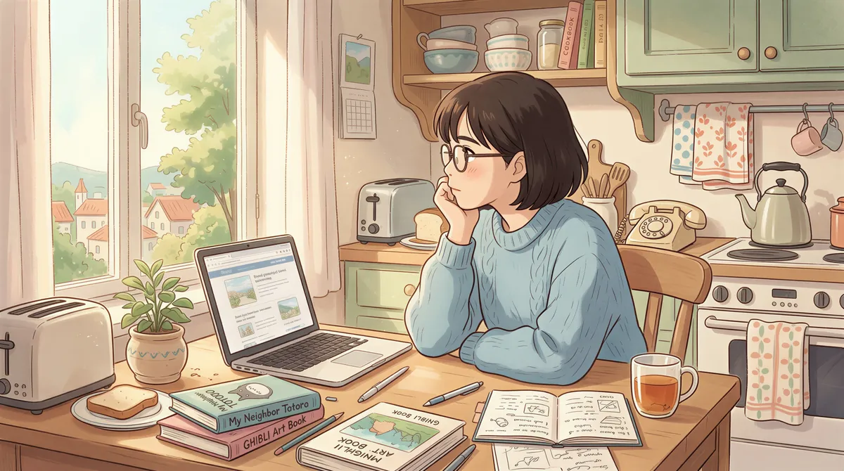 A remote worker looking thoughtfully at a laptop at a kitchen table, experiencing friction.