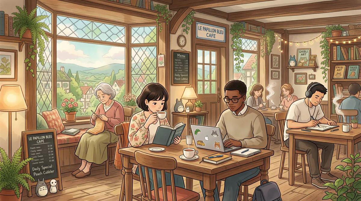 People working quietly around each other in a warm, friendly coffee shop