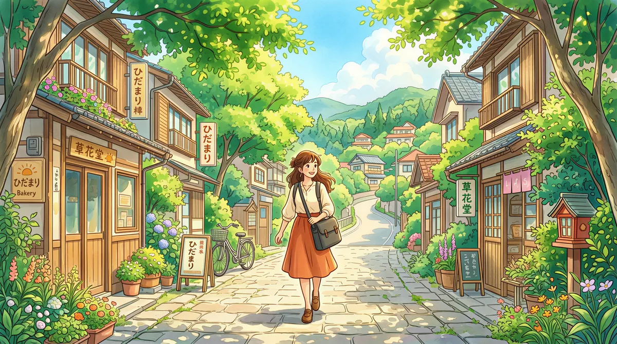 A person stepping outside into a bright, leafy neighborhood street with sunlight