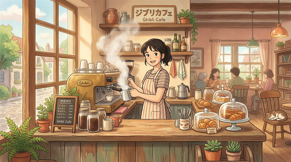 A barista preparing coffee behind a counter with gentle ambient cafe activity